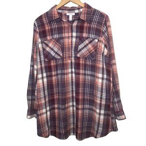 LIZ LANGE MATERNITY Plaid Shirt Large 100% Cotton Half Placket Magenta